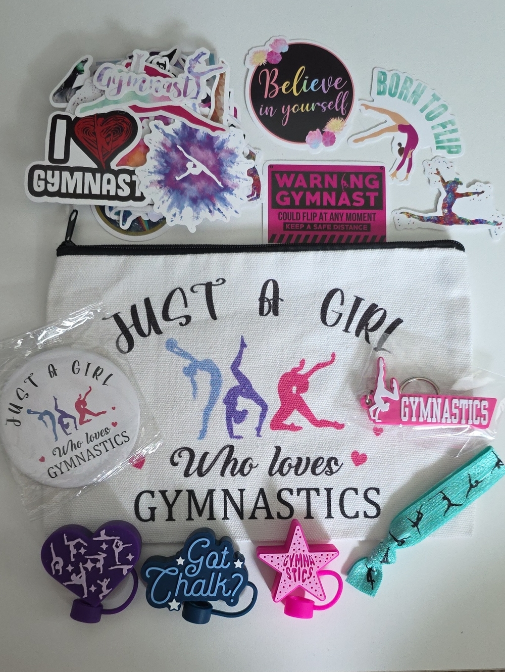 Gymnastics Bundle - Canvas Bag With Straw Toppers, Accessories, And Stickers